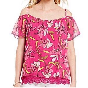 Kut from the Kloth Pink Tropical Floral Cold Shoulder Blouse with lace trim